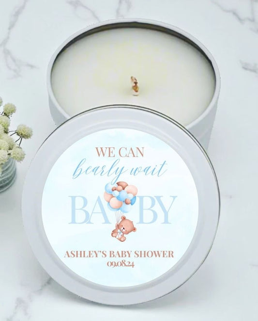 We Can Bearly Wait (Blue) Baby Shower Favor Candle