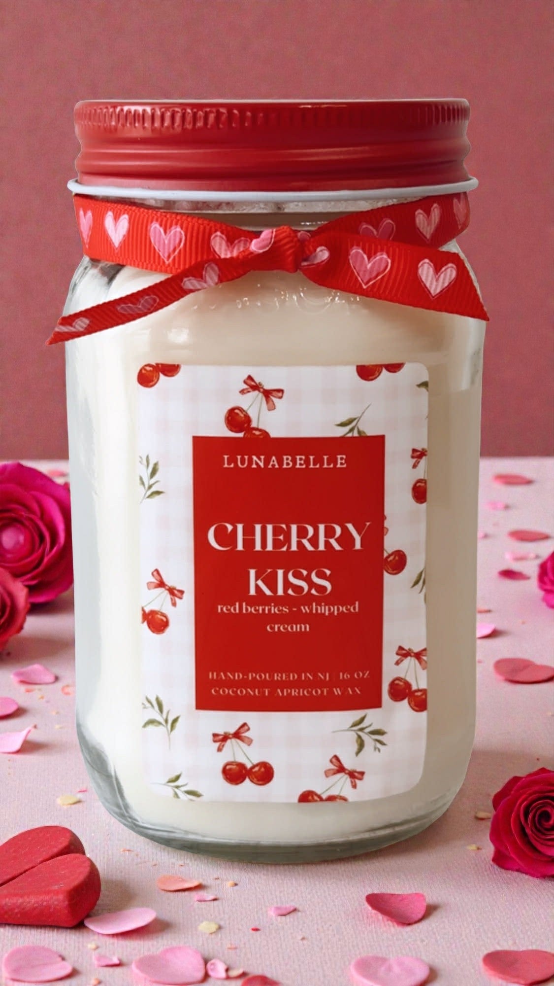 Valentine's Day Candle | Cherry Kiss | Cherry Scented Candle | 16 oz mason jar candle | Valentine's Gift for her | Handmade farmhouse decor