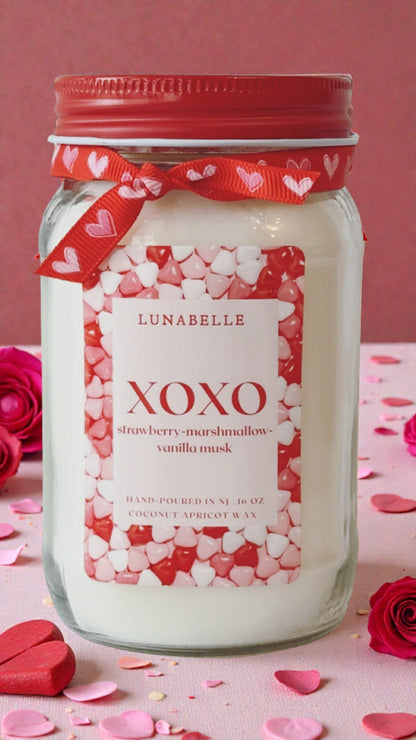 Valentine's Day Candle | XOXO | Strawberry Scented Candle | 16 oz mason jar candle | Valentine's Gift for her | Handmade farmhouse decor