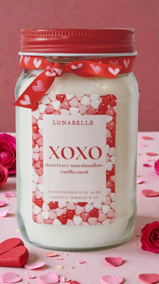 Valentine's Day Candle | XOXO | Strawberry Scented Candle | 16 oz mason jar candle | Valentine's Gift for her | Handmade farmhouse decor